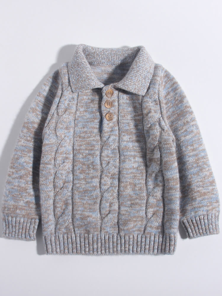Kids Speckled Beige Blue Cable Knit Cashmere Sweater with Collar